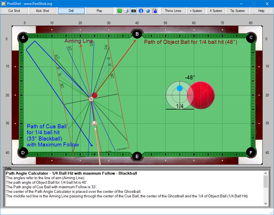 Path Angle Calculator - 1-4 Ball Hit with maximum Follow - Blackball
